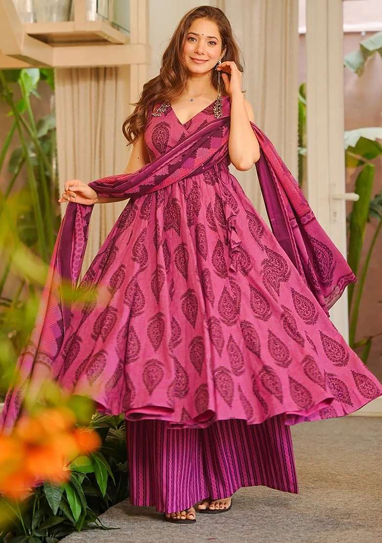 Rani Pink Printed Maslin Anarkali Set - Indya