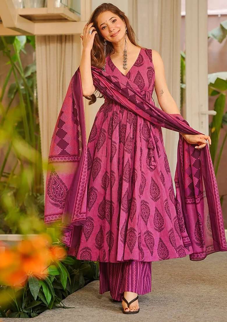 Rani Pink Printed Maslin Anarkali Set - Indya