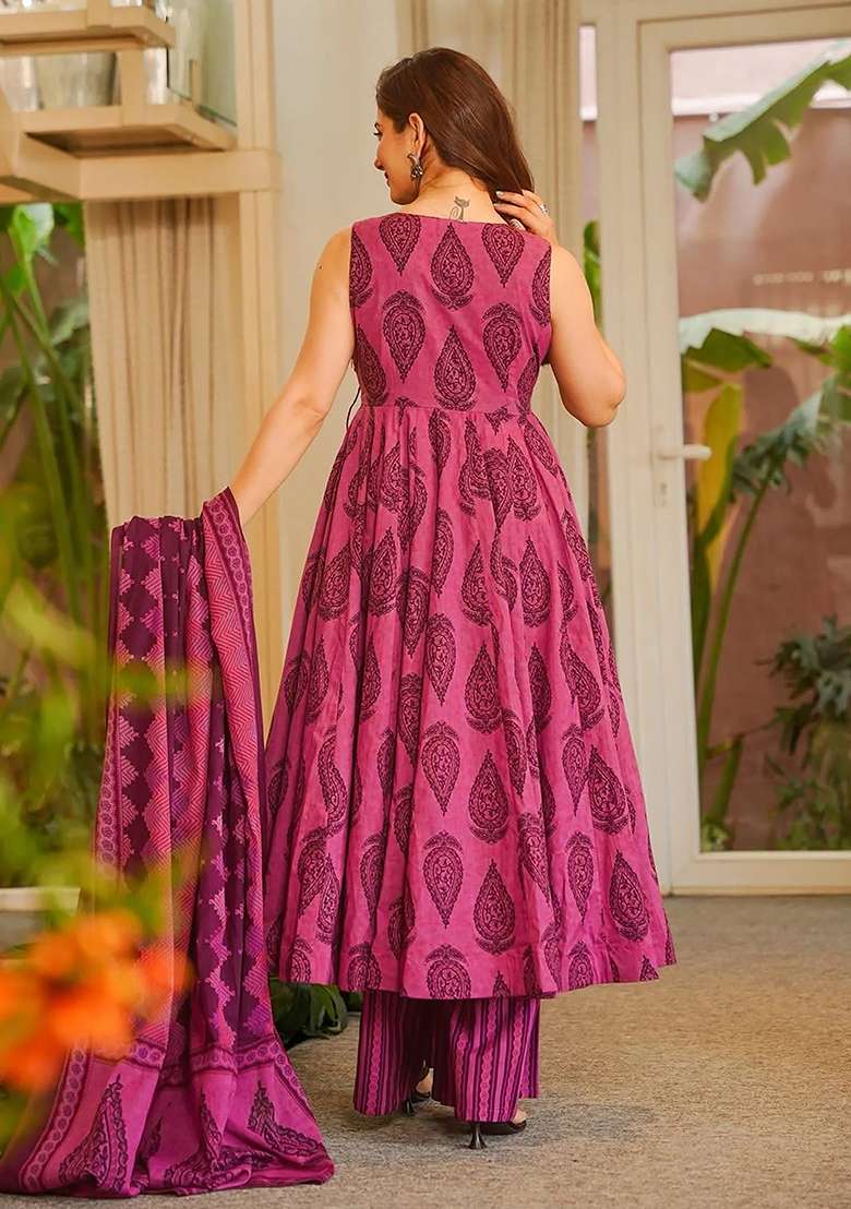 Rani Pink Printed Maslin Anarkali Set - Indya