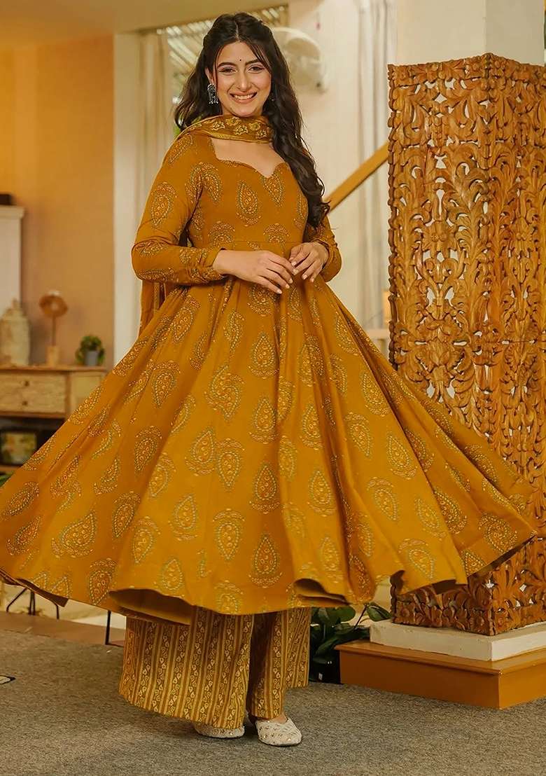 Yellow Printed Maslin Anarkali Set - Indya