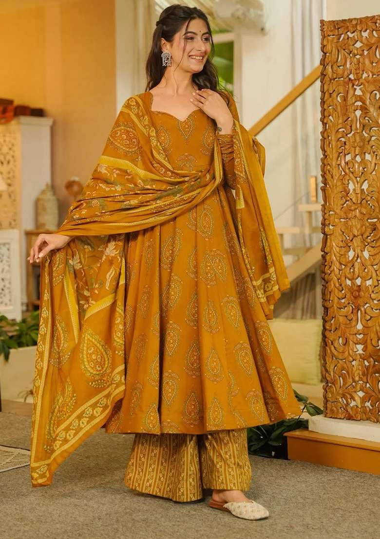 Yellow Printed Maslin Anarkali Set - Indya