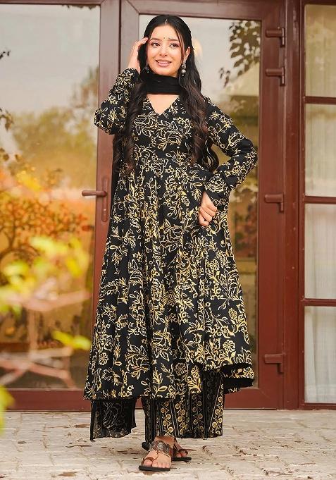 Multicolor Printed Maslin Anarkali Set