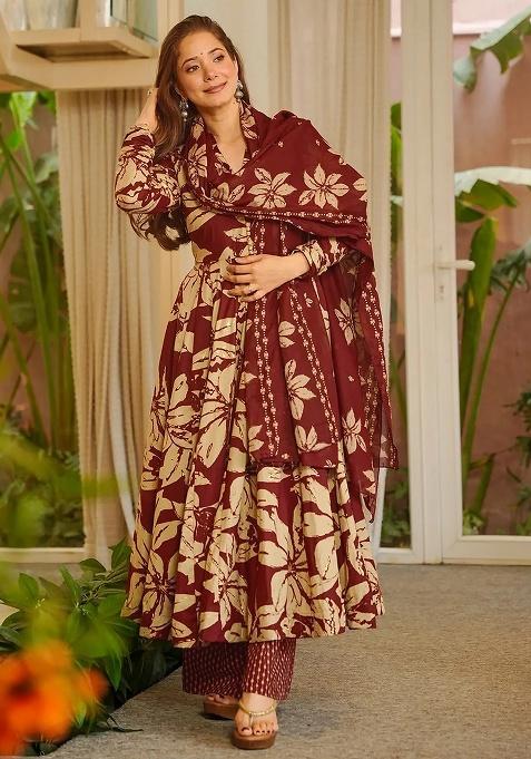 Multicolor Printed Maslin Anarkali Set