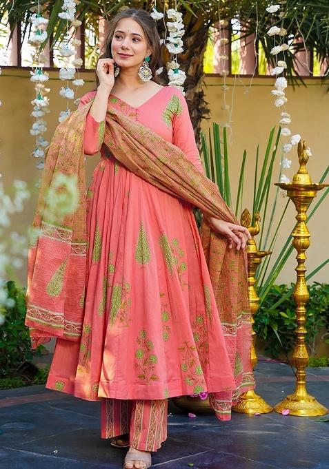 Gajari And Green Printed Maslin Anarkali Set