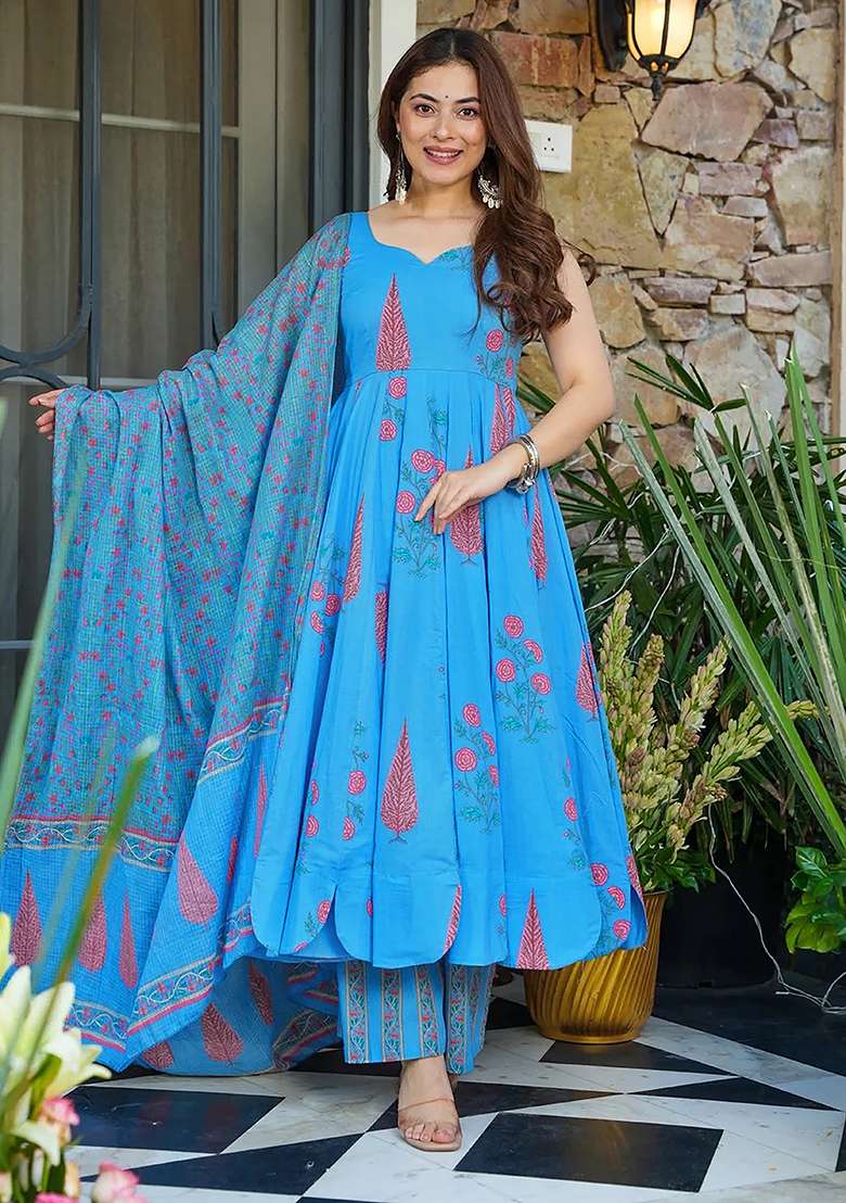 Sky Blue And Maroon Printed Maslin Anarkali Set - Indya