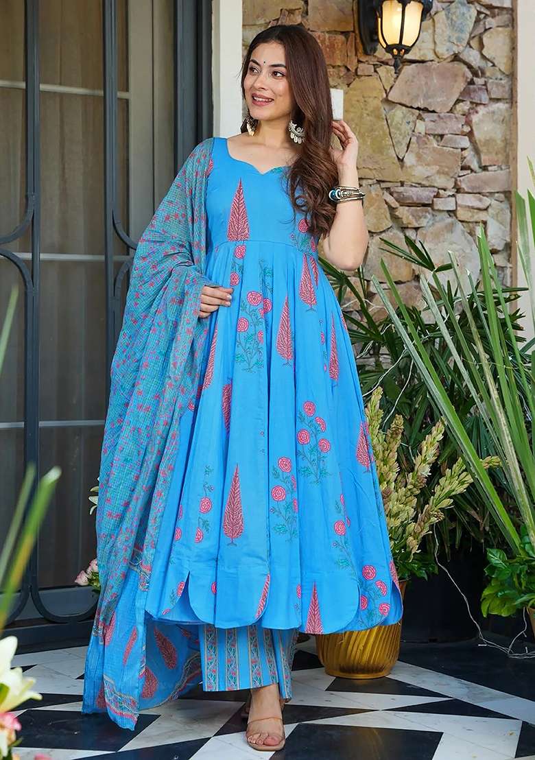 Sky Blue And Maroon Printed Maslin Anarkali Set - Indya