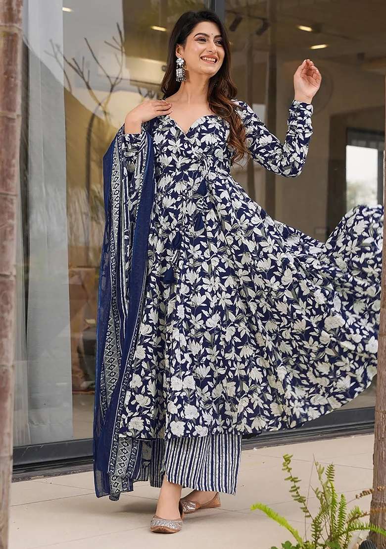 Blue And Black Printed Maslin Anarkali Set - Indya