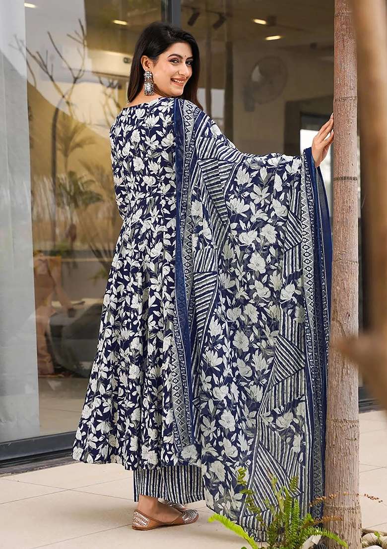 Blue And Black Printed Maslin Anarkali Set - Indya