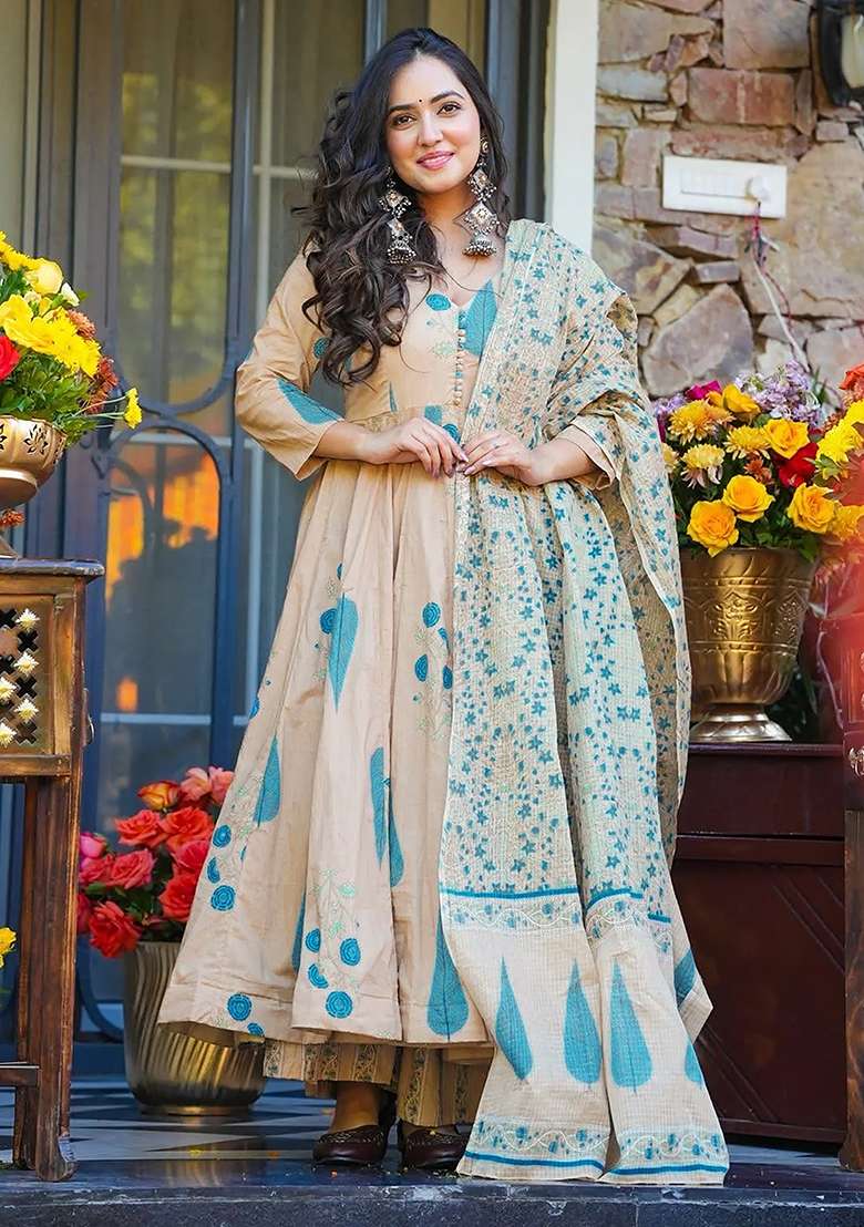 Cream And Blue Printed Maslin Anarkali Set - Indya