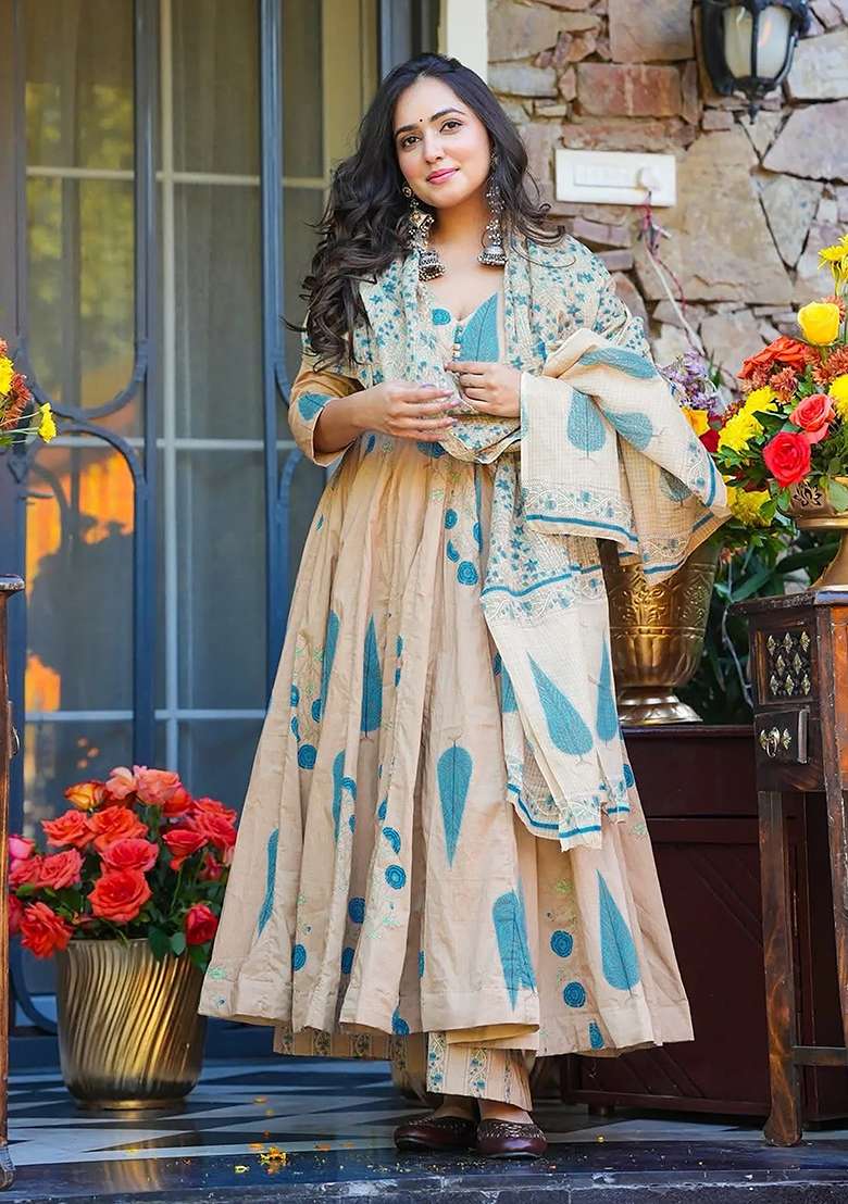 Cream And Blue Printed Maslin Anarkali Set - Indya