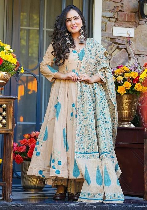 Cream And Blue Printed Maslin Anarkali Set