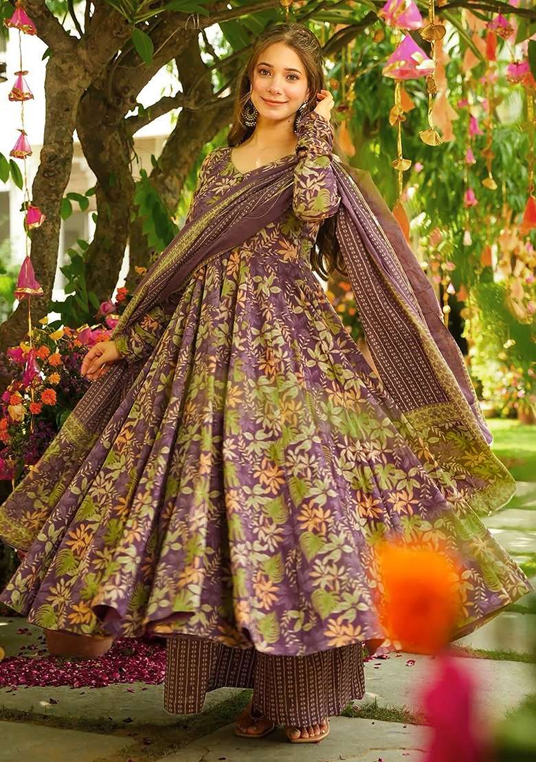 Purple And Green Printed Maslin Anarkali Set - Indya