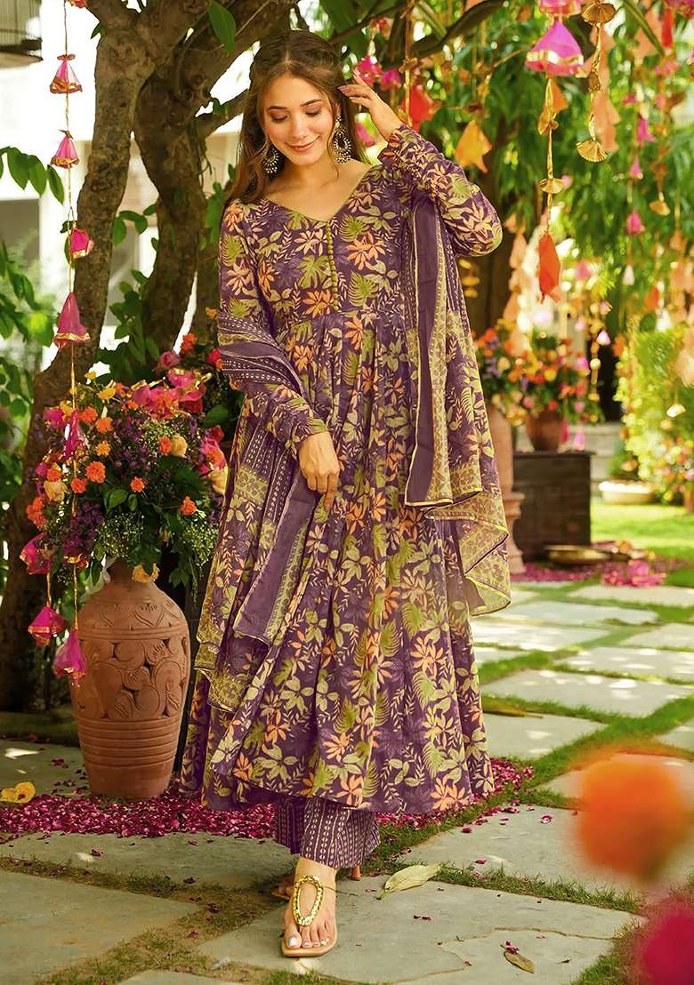 Purple And Green Printed Maslin Anarkali Set - Indya