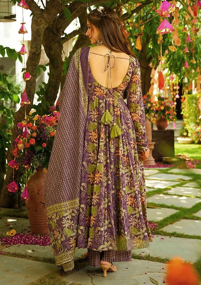 Purple And Green Printed Maslin Anarkali Set - Indya