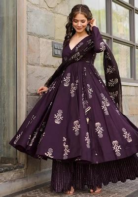 Purple Printed Maslin Anarkali Set