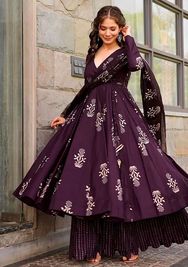Purple Printed Maslin Anarkali Set - Indya