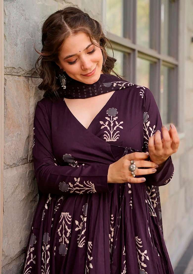 Purple Printed Maslin Anarkali Set - Indya