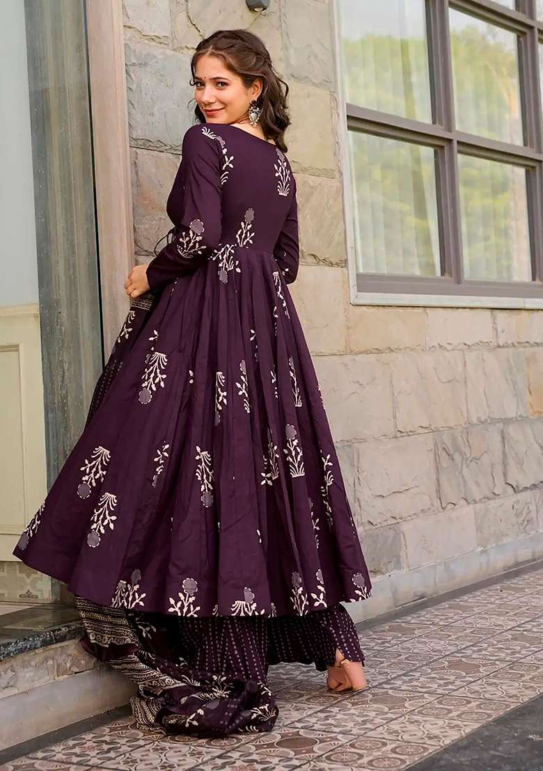 Purple Printed Maslin Anarkali Set - Indya