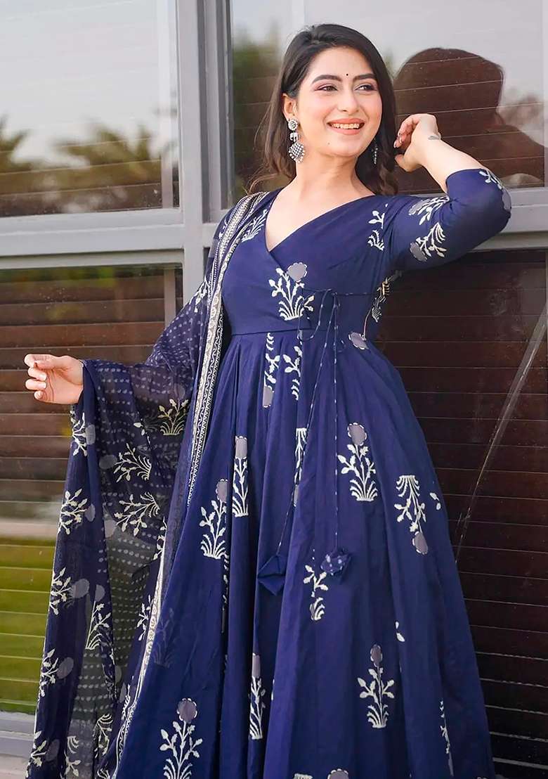 Royal Blue Printed Maslin Sharara Set - Indya