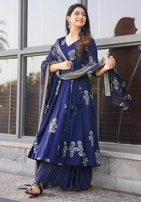 Royal Blue Printed Maslin Anarkali Set