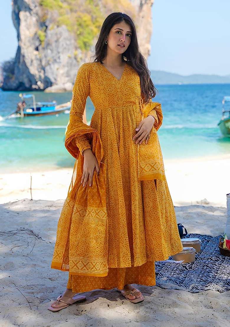 Pumpkin Yellow Printed Maslin Anarkali Set - Indya