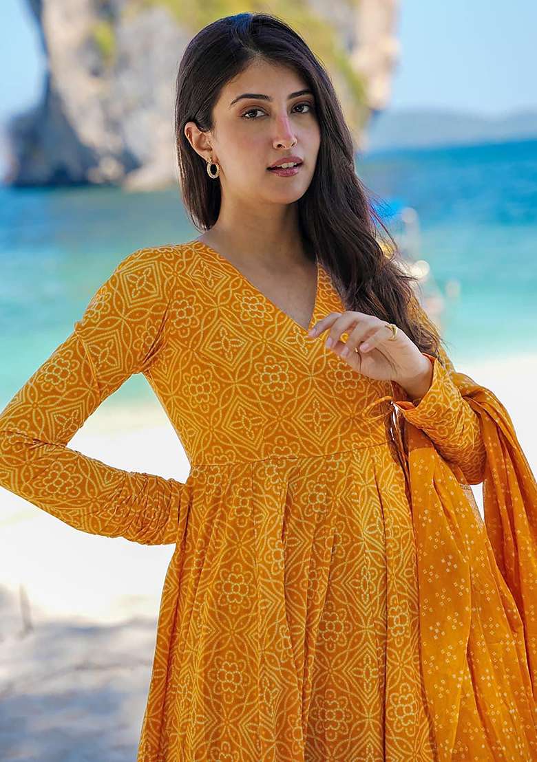 Pumpkin Yellow Printed Maslin Anarkali Set - Indya