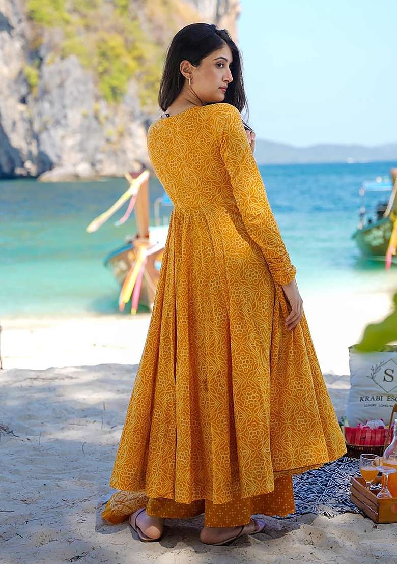 Pumpkin Yellow Printed Maslin Anarkali Set - Indya
