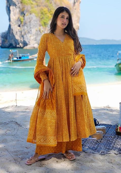 Pumpkin Yellow Printed Maslin Anarkali Set