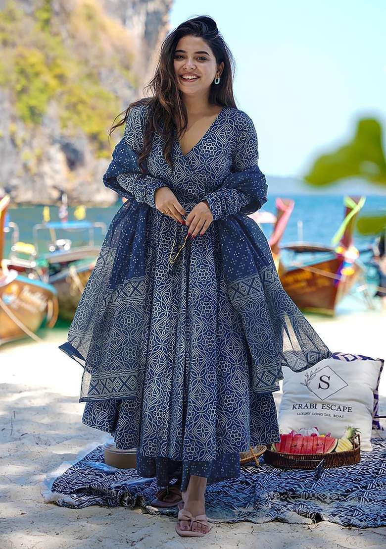 Navy Blue Printed Maslin Anarkali Set - Indya