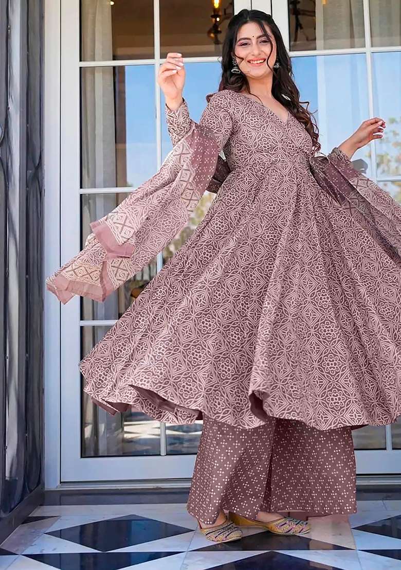 Purple Printed Maslin Anarkali Set - Indya