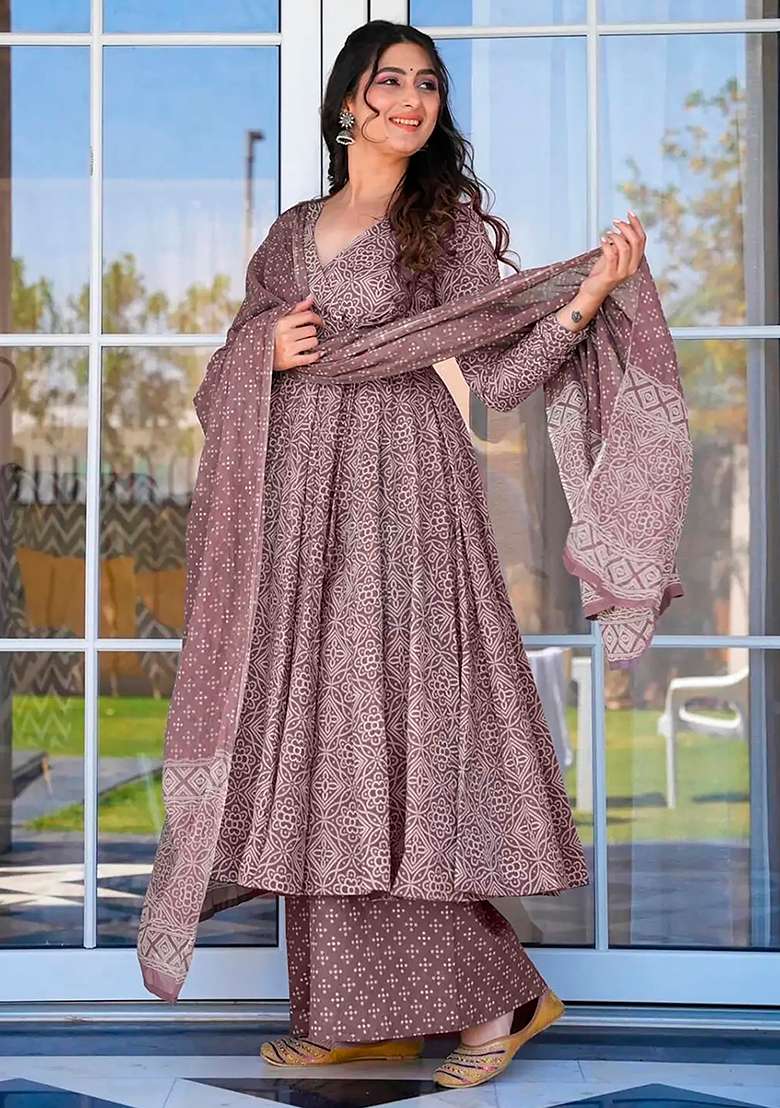 Purple Printed Maslin Anarkali Set - Indya