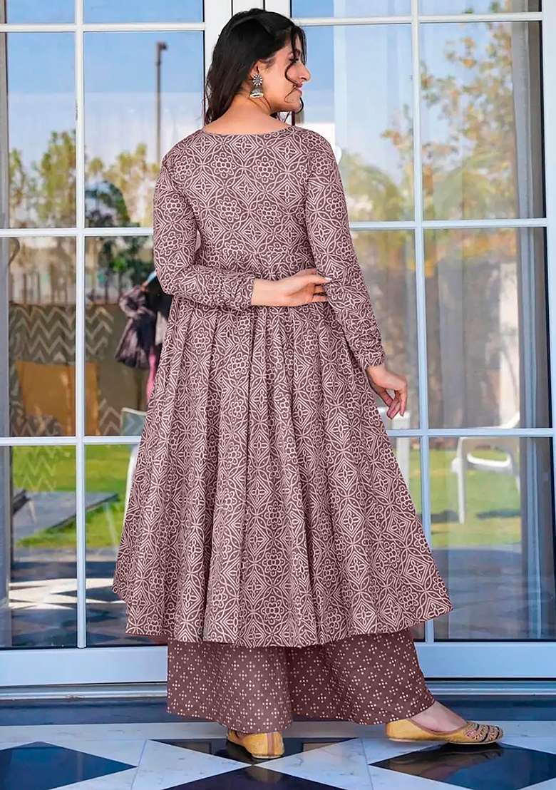 Purple Printed Maslin Anarkali Set - Indya