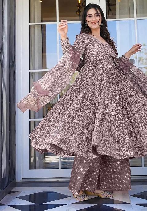 Purple Printed Maslin Anarkali Set