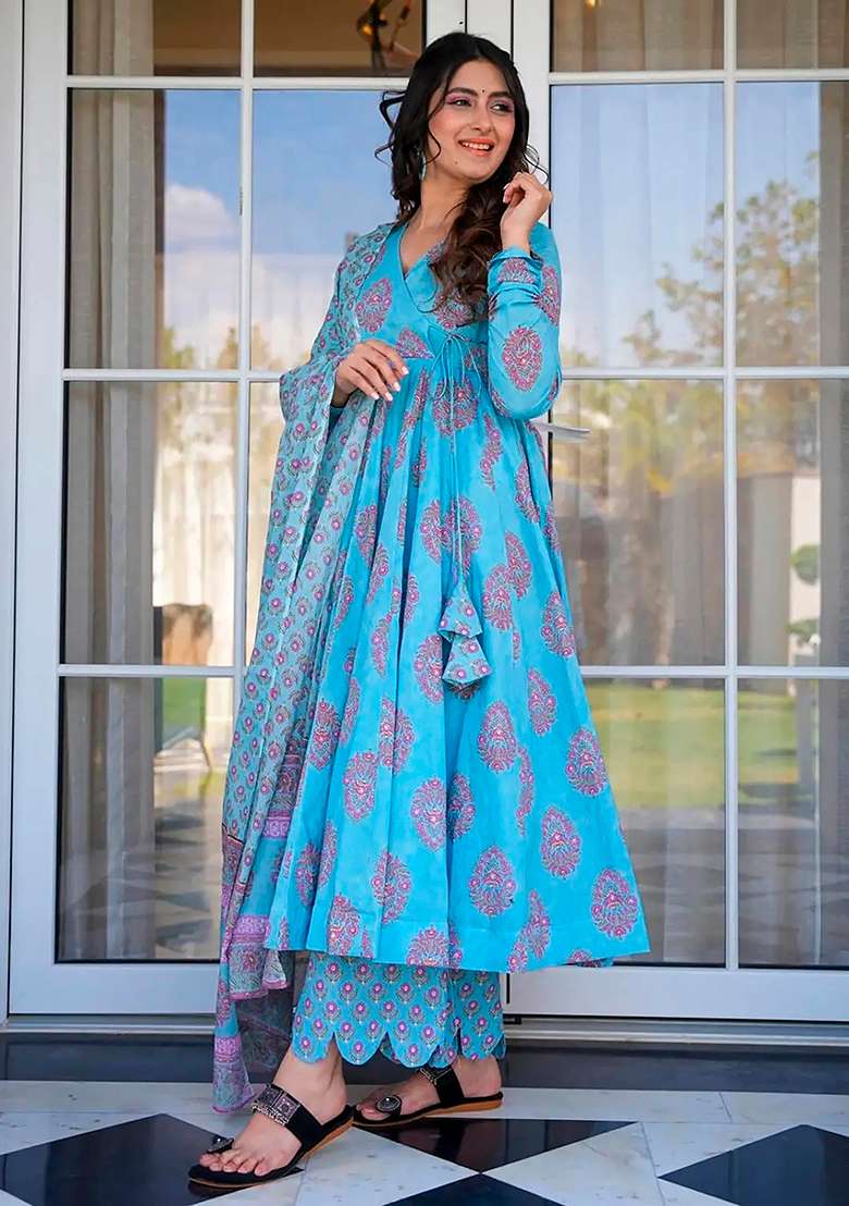 Electric Blue Printed Maslin Anarkali Set - Indya