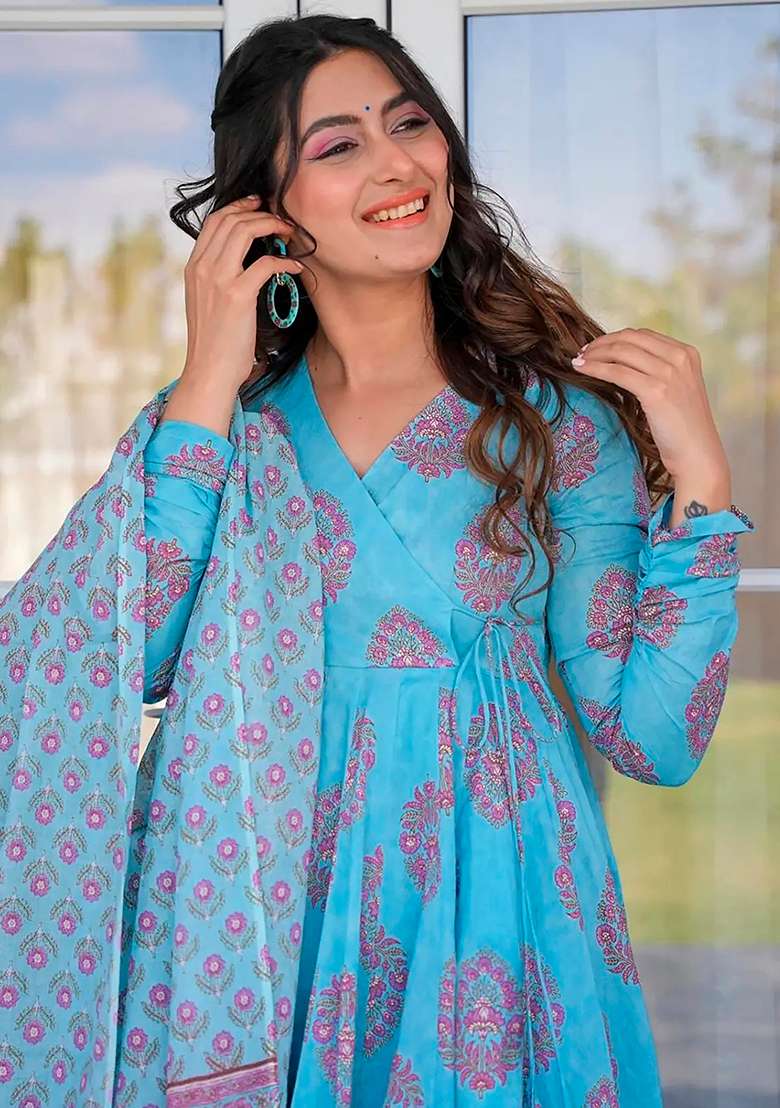 Electric Blue Printed Maslin Anarkali Set - Indya