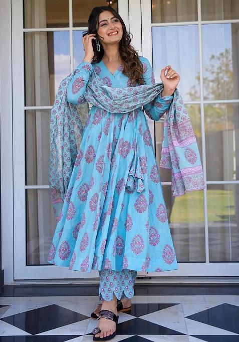 Electric Blue Printed Maslin Anarkali Set