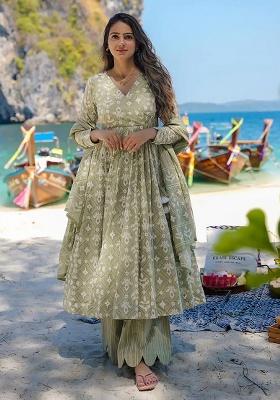 Baby Green Printed Maslin Anarkali Set