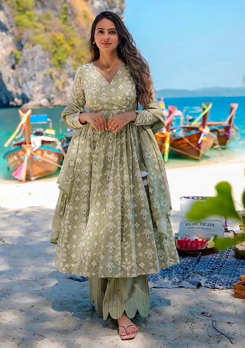 Baby Green Printed Maslin Anarkali Set - Indya