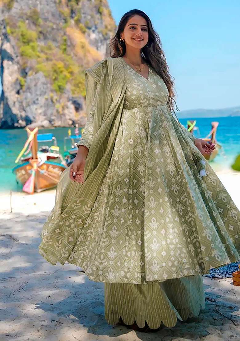 Baby Green Printed Maslin Anarkali Set - Indya