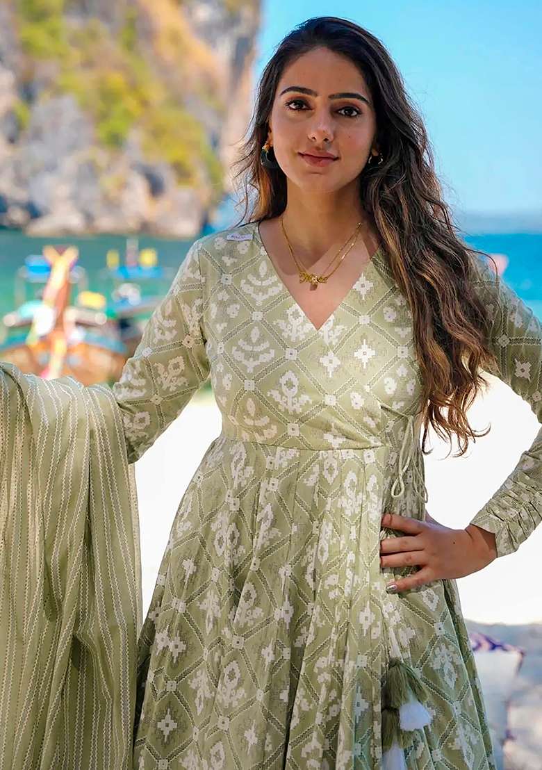 Baby Green Printed Maslin Anarkali Set - Indya