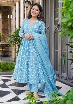 Bright Blue Printed Maslin Anarkali Set