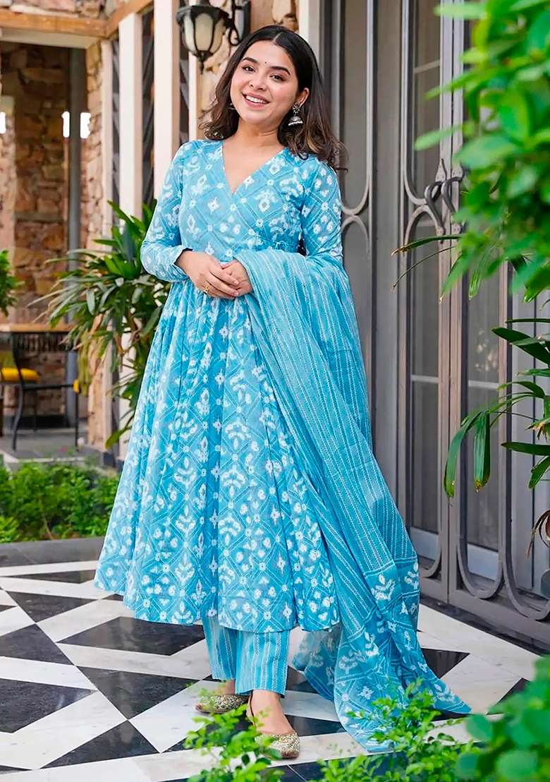Bright Blue Printed Maslin Anarkali Set - Indya