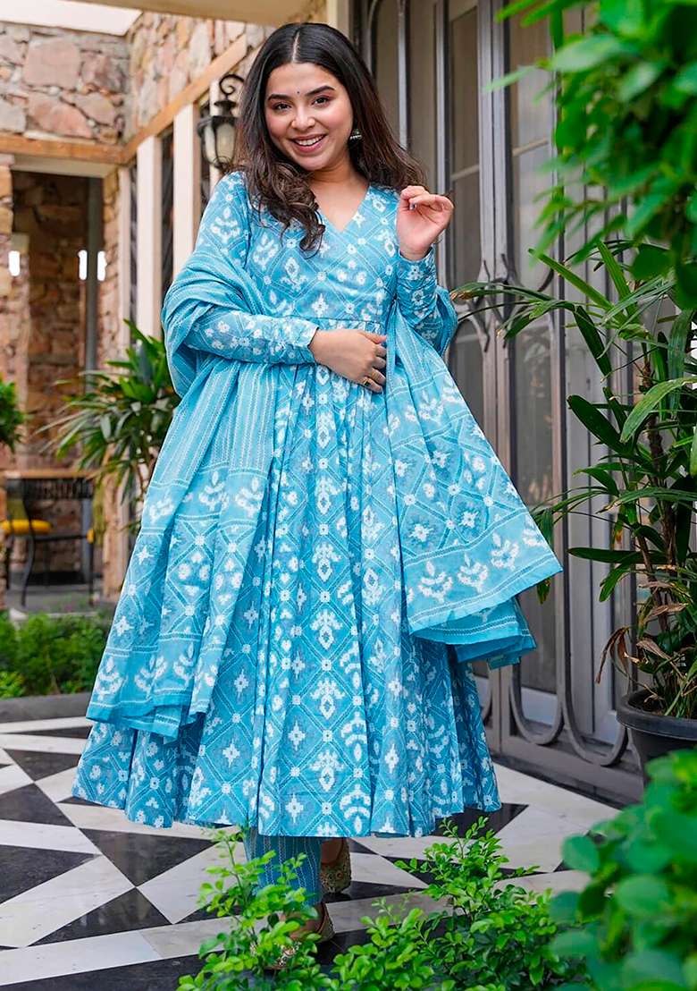 Bright Blue Printed Maslin Anarkali Set - Indya
