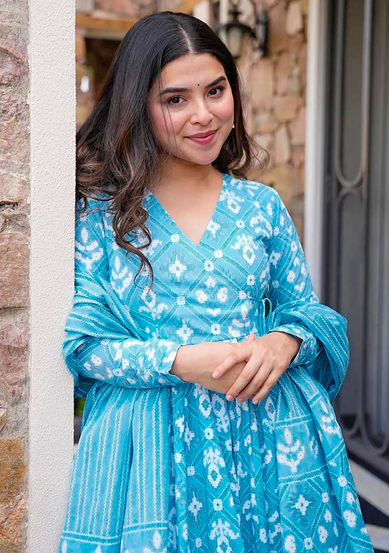 Bright Blue Printed Maslin Anarkali Set - Indya