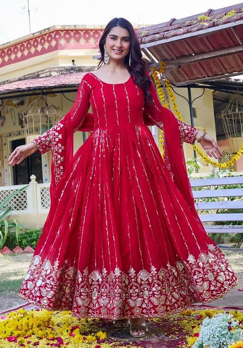 Red Embroidery Georgette Gown With Dupatta
