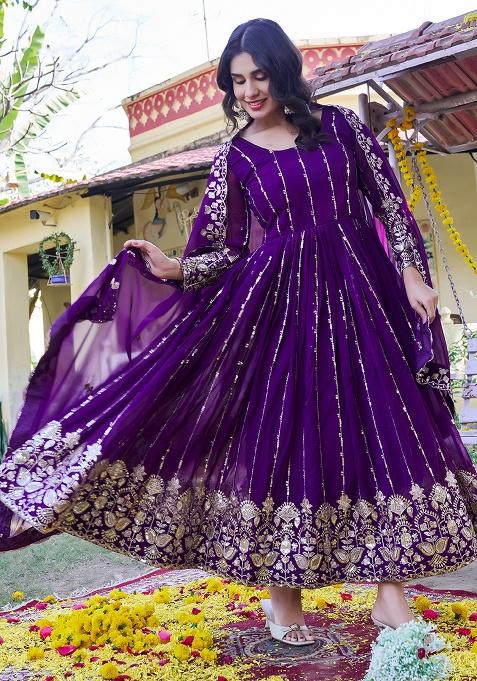 Purple Embroidery Georgette Gown With Dupatta