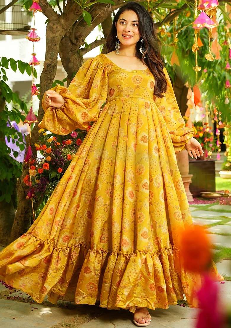 Yellow Printed Chinon Gown - Indya