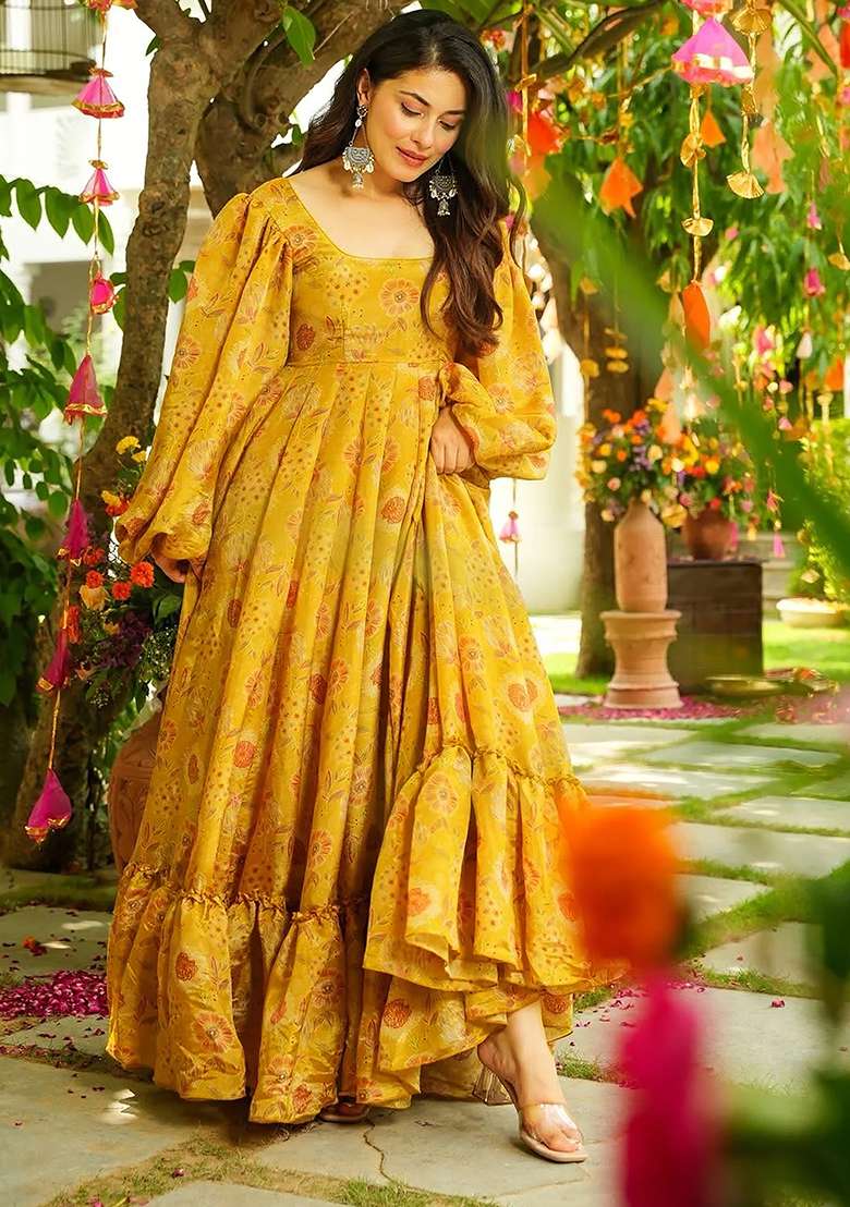 Yellow Printed Chinon Gown - Indya