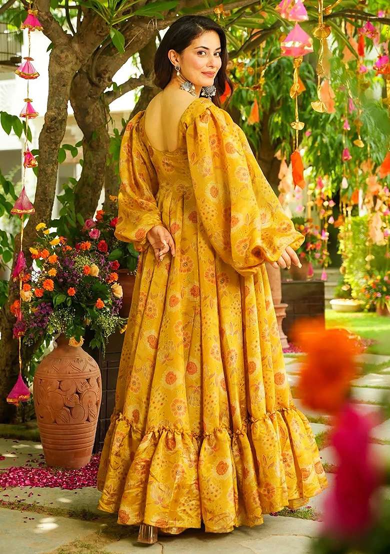 Yellow Printed Chinon Gown - Indya