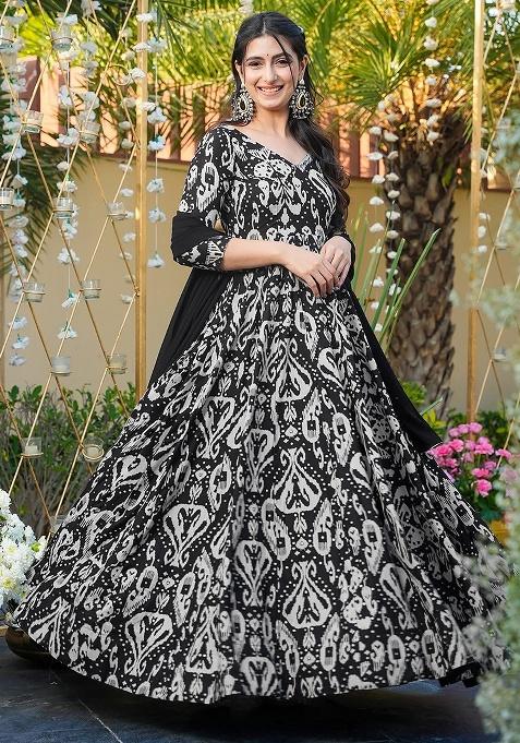 Black Printed Rayon Gown With Dupatta